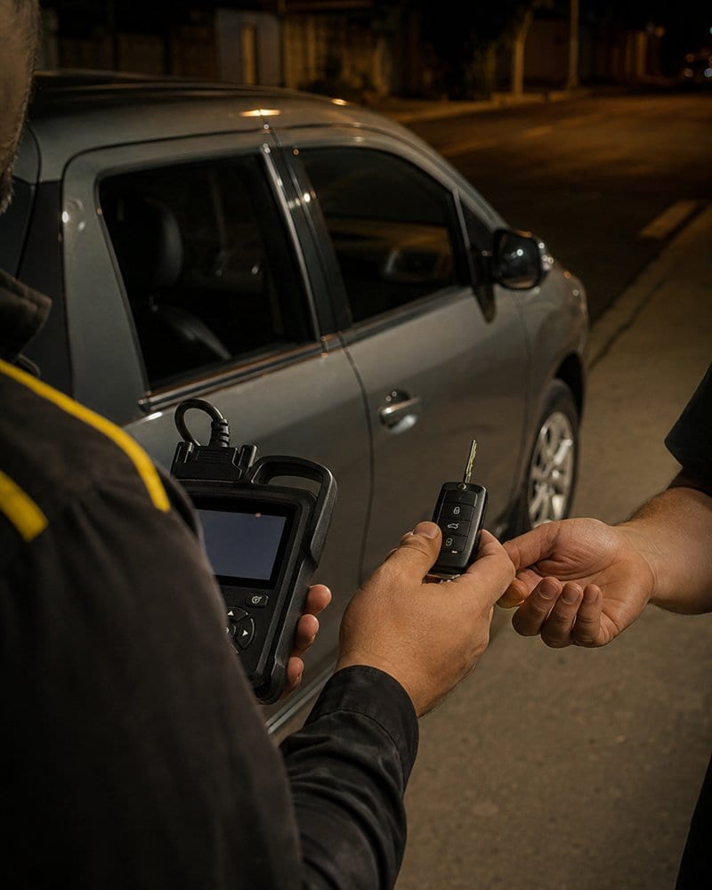 Chaveiro entregando uma chave automotiva recém-programada ao cliente, à noite, com um aparelho de diagnóstico apoiado ao lado do carro