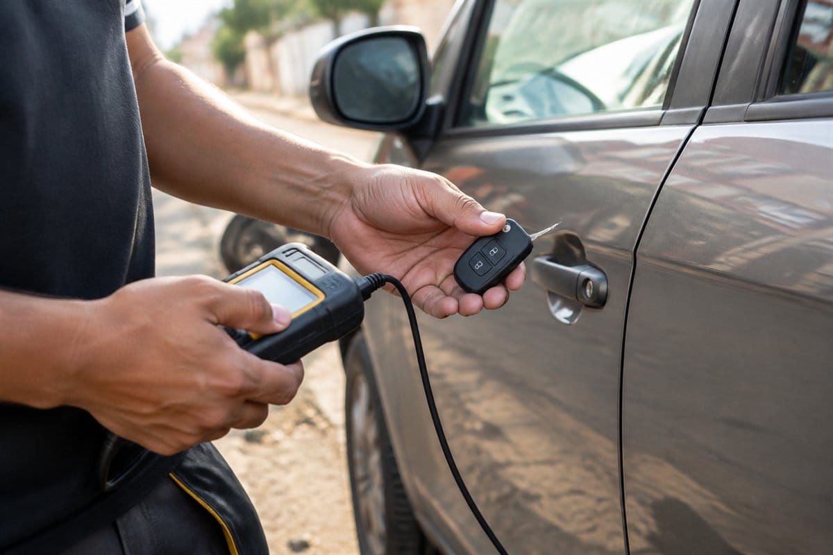 Mãos programando e testando uma chave automotiva substituta junto à porta de um carro, durante o dia