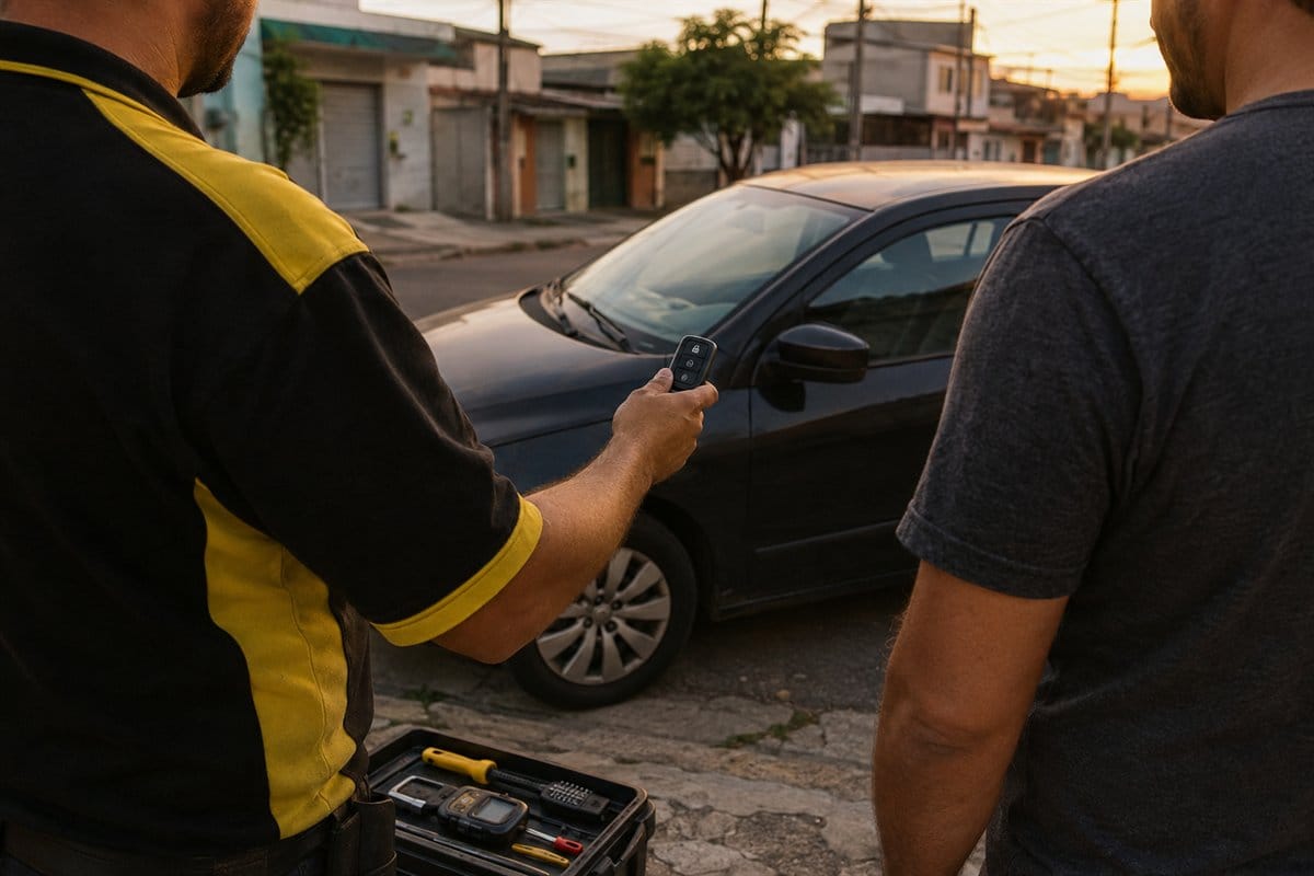 Cliente acompanhando um chaveiro testar uma chave recém-programada ao lado do carro, em um bairro ao entardecer
