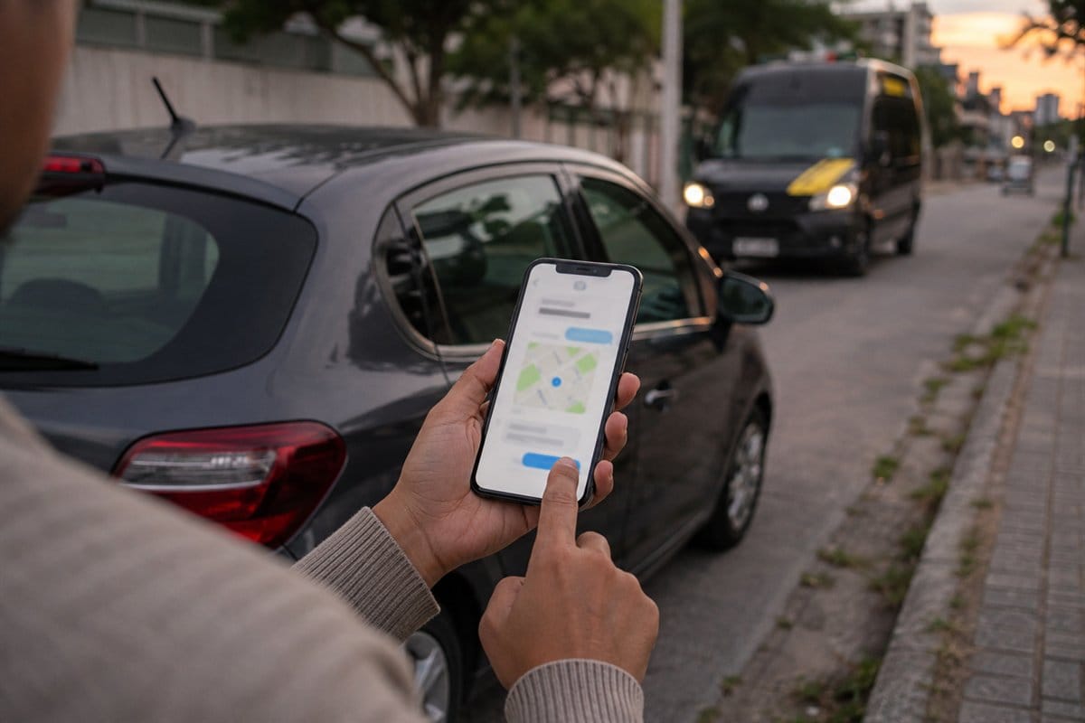 Cliente enviando a localização pelo celular enquanto aguarda ao lado do carro, no início da noite